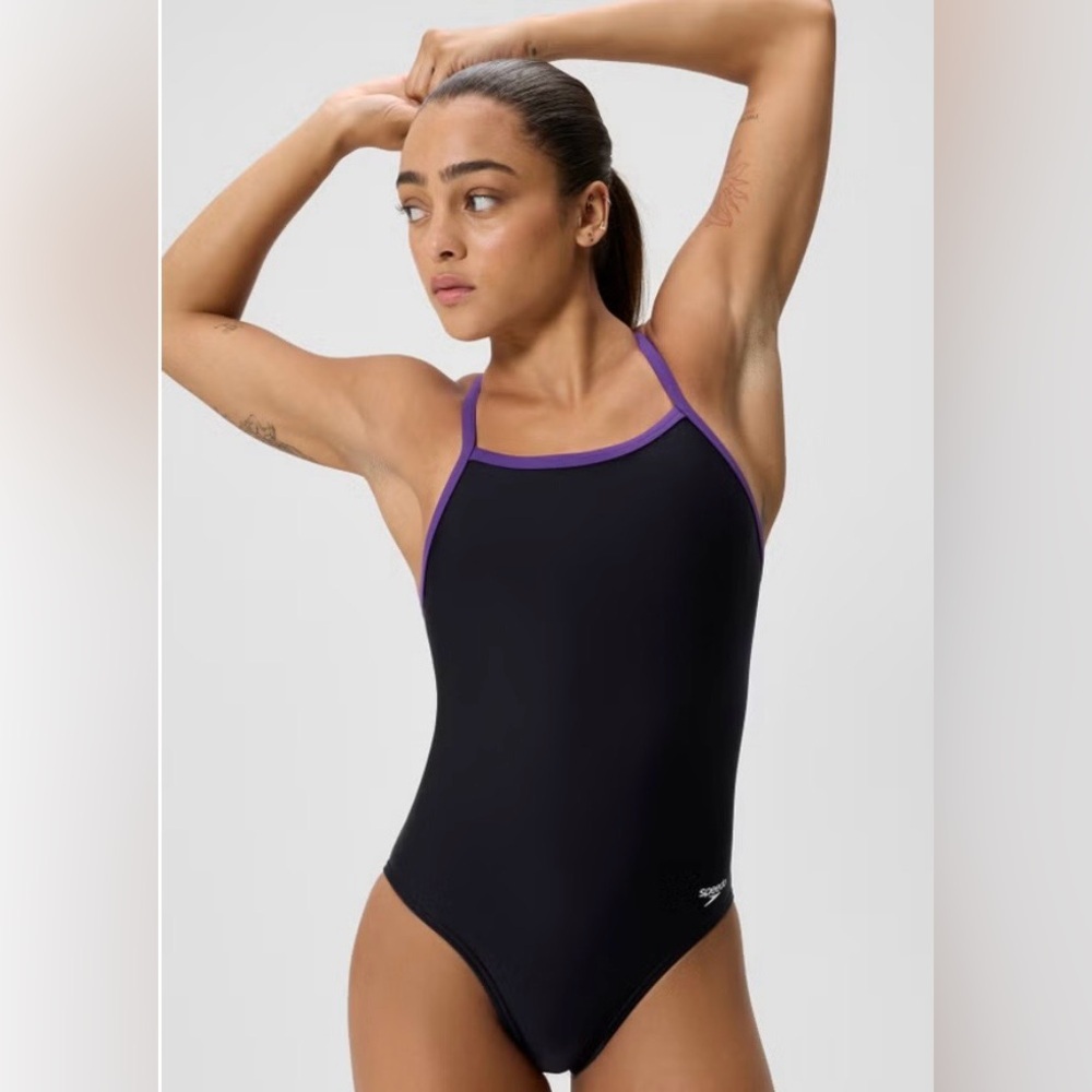 NWT Speedo Women’s Black Purple Endurance+ Flyback One Piece Swimsuit Swim